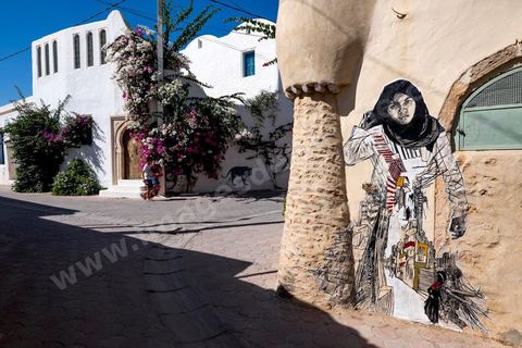 Oeuvres de l'artiste américain SWOON pour le Projet DjerbaHood : après la Tour Paris 13, la team Itinerrance dépose ses valises dans un village traditionnel de l’île de Djerba, Erriadh. Depuis le début du mois de juillet, le village d’Erriadh se métamorphose petit à petit pour devenir un véritable musée à ciel ouvert. Une sélection d’artistes des quatre coins du monde ont été invités à s’exprimer dans ce décor unique à l’architecture authentique : murs blancs, portes bleues turquoises, dômes, veilles constructions et divers lieux abandonnés, autant de possibilités qui donneront naissance à des créations uniques aux couleurs locales.