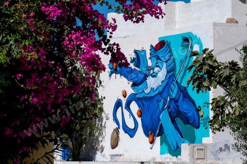 Oeuvres de l'artiste saoudien DEYAA pour le Projet DjerbaHood : après la Tour Paris 13, la team Itinerrance dépose ses valises dans un village traditionnel de l’île de Djerba, Erriadh. Depuis le début du mois de juillet, le village d’Erriadh se métamorphose petit à petit pour devenir un véritable musée à ciel ouvert. Une sélection d’artistes des quatre coins du monde ont été invités à s’exprimer dans ce décor unique à l’architecture authentique : murs blancs, portes bleues turquoises, dômes, veilles constructions et divers lieux abandonnés, autant de possibilités qui donneront naissance à des créations uniques aux couleurs locales.