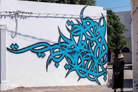 Oeuvres de l'artiste tunisien EL SEED pour le Projet DjerbaHood : après la Tour Paris 13, la team Itinerrance dépose ses valises dans un village traditionnel de l’île de Djerba, Erriadh. Depuis le début du mois de juillet, le village d’Erriadh se métamorphose petit à petit pour devenir un véritable musée à ciel ouvert. Une sélection d’artistes des quatre coins du monde ont été invités à s’exprimer dans ce décor unique à l’architecture authentique : murs blancs, portes bleues turquoises, dômes, veilles constructions et divers lieux abandonnés, autant de possibilités qui donneront naissance à des créations uniques aux couleurs locales.