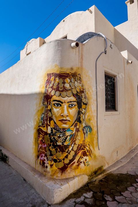 Oeuvres de l'artiste espagnol B-TOY pour le Projet DjerbaHood : après la Tour Paris 13, la team Itinerrance dépose ses valises dans un village traditionnel de l’île de Djerba, Erriadh. Depuis le début du mois de juillet, le village d’Erriadh se métamorphose petit à petit pour devenir un véritable musée à ciel ouvert. Une sélection d’artistes des quatre coins du monde ont été invités à s’exprimer dans ce décor unique à l’architecture authentique : murs blancs, portes bleues turquoises, dômes, veilles constructions et divers lieux abandonnés, autant de possibilités qui donneront naissance à des créations uniques aux couleurs locales.