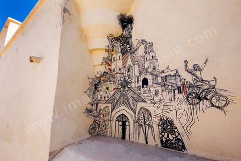 Oeuvres de l'artiste américain SWOON pour le Projet DjerbaHood : après la Tour Paris 13, la team Itinerrance dépose ses valises dans un village traditionnel de l’île de Djerba, Erriadh. Depuis le début du mois de juillet, le village d’Erriadh se métamorphose petit à petit pour devenir un véritable musée à ciel ouvert. Une sélection d’artistes des quatre coins du monde ont été invités à s’exprimer dans ce décor unique à l’architecture authentique : murs blancs, portes bleues turquoises, dômes, veilles constructions et divers lieux abandonnés, autant de possibilités qui donneront naissance à des créations uniques aux couleurs locales.