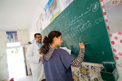 Ecole primaire à Houmt Souk sur l'île de Djerba - ecoliers dans leur école primaire, salle de classe, cour de récréation, écoliers en blouse rose et bleu, instituteur, cours de classe de primaire en Tunisie. enfants dasns sale de classe d'une école