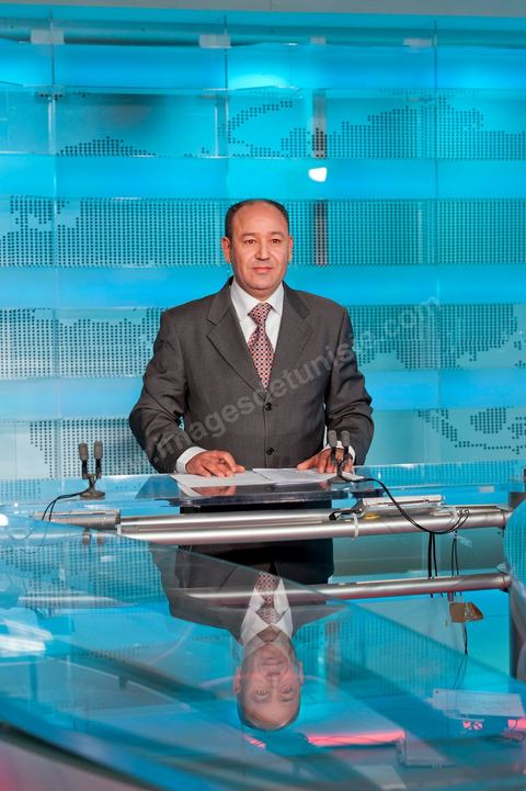 Plateau du JT télé de la wataniya 1 lors du JT de 12h avec Abdeljelil Abbassi, présentateur du JT, dans la rédaction et les studios de la chaine de Télévision nationale Tunisienne El Wataniya 1 et 2.
