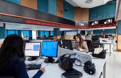 Les journalistes de l'information dans la presse room de la Wataniya 1 dans la rédaction et les studios de la chaine de Télévision nationale Tunisienne El Wataniya 1 et 2.