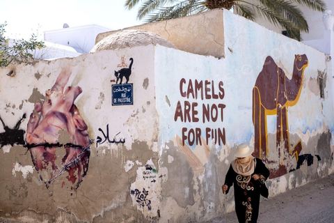 A Erriadh, Djerbahood, le musée à ciel ouvert de street art développée par Mehdi Ben Cheikh, de la galerie Itinérance à Paris 13. Oeuvre de l'artiste M-City