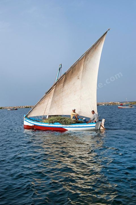 Bateau traditionnel de Kerkannah dans le port de pêche d'El Ataya sur l'île Chergui de Kerkennah