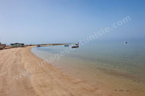 Plage avec pêcheur sur l'île de Chergui à Kerkennah