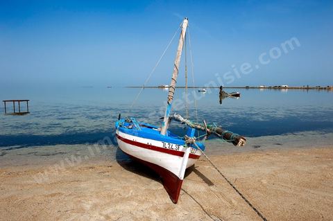 Plage avec pêcheur sur l'île de Chergui à Kerkennah