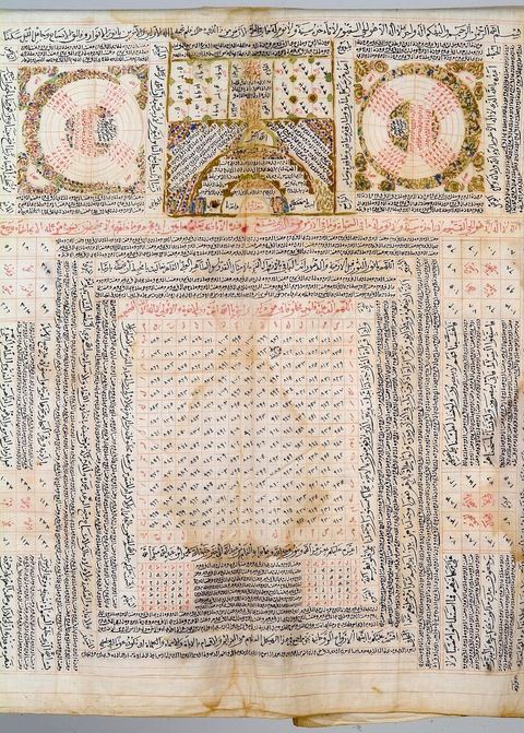 CHEMISE TALISMANIQUE 'HIRZ'Empire ottoman, 17  siècle.Il était d'usage chez les dignitaires ottomans et leurs enfants de porter, en cas de maladie et à titre prophylactique, des gilets et des bonnets coupés dans des reliques provenant des tentures intérieures de la Kaaba ou du mausolée du prophète Mohammad à Médine. Portée pour se parer contre les risques en tous genres, maladie, envoûtement, blessure de guerre, la chemise exposée ici fait partie d'une série rare. Le palais de Topkapi à Istanbul en conserve quelques unes ayant appartenues au sultan. Sa confection doit respecter plusieurs paramètres. Pour être portée à même la peau, elle est généralement taillée dans un tissu fin et dessinée avec des pigments spéciaux. Interviennent alors les techniques d'un ensemble de spécialistes des sciences occultes et ésotériques : oniromanciens, astrologues et numérologues. Ces chemises sont généralement ornées de nombreuses références coraniques, de prières, de convocation des esprits, de formules talismaniques et de figures géométriques, en rond, carré, pyramide, rectangle, ellipse, arc, ayant chacune sa propre valeur numérique. Initiée par les premiers alchimistes, puis par les Frères de la pureté, philosophes pythagoriciens et néo-platoniciens du 10   siècle, la valeur numérique des lettres est devenue l'objet d'une véritable science, jusqu'à aboutir à la formation d'une confrérie mystique lettriste, 'La Houroufia'. Le pouvoir ottoman tentera sa liquidation dès le 16  siècle craignant ses pouvoirs surnaturels, ses prétentions politiques et son syncrétisme religieux associant judaïsme, chrétienté et Islam. Des traces de la Houroufia marqueront certains dogmes de la confrérie Bektachia, naguère suivie à Sidi el-Bektachi à Tunis, par les janissaires (soldats ottomans, anciens esclaves d'origine européenne).
