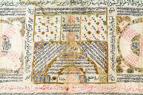 CHEMISE TALISMANIQUE 'HIRZ'Empire ottoman, 17  siècle.Il était d'usage chez les dignitaires ottomans et leurs enfants de porter, en cas de maladie et à titre prophylactique, des gilets et des bonnets coupés dans des reliques provenant des tentures intérieures de la Kaaba ou du mausolée du prophète Mohammad à Médine. Portée pour se parer contre les risques en tous genres, maladie, envoûtement, blessure de guerre, la chemise exposée ici fait partie d'une série rare. Le palais de Topkapi à Istanbul en conserve quelques unes ayant appartenues au sultan. Sa confection doit respecter plusieurs paramètres. Pour être portée à même la peau, elle est généralement taillée dans un tissu fin et dessinée avec des pigments spéciaux. Interviennent alors les techniques d'un ensemble de spécialistes des sciences occultes et ésotériques : oniromanciens, astrologues et numérologues. Ces chemises sont généralement ornées de nombreuses références coraniques, de prières, de convocation des esprits, de formules talismaniques et de figures géométriques, en rond, carré, pyramide, rectangle, ellipse, arc, ayant chacune sa propre valeur numérique. Initiée par les premiers alchimistes, puis par les Frères de la pureté, philosophes pythagoriciens et néo-platoniciens du 10   siècle, la valeur numérique des lettres est devenue l'objet d'une véritable science, jusqu'à aboutir à la formation d'une confrérie mystique lettriste, 'La Houroufia'. Le pouvoir ottoman tentera sa liquidation dès le 16  siècle craignant ses pouvoirs surnaturels, ses prétentions politiques et son syncrétisme religieux associant judaïsme, chrétienté et Islam. Des traces de la Houroufia marqueront certains dogmes de la confrérie Bektachia, naguère suivie à Sidi el-Bektachi à Tunis, par les janissaires (soldats ottomans, anciens esclaves d'origine européenne).