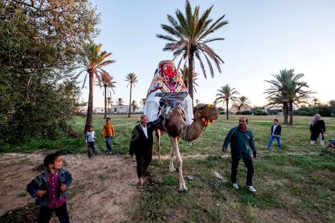 Lors du mariage traditionnel djerbien, un dromadaire orné du jahfa, une sorte de palanquin richement décoré, est envoyé par la famille du marié pour venir chercher la mariée. Les tissus colorés sont brodés de symboles protecteurs, la main de Fatma et le poisson, censés éloigner le mauvais œil sur ce moment de passage entre les deux familles. La mariée y prend place, ne devant pas poser le pied à terre, pour être conduite jusqu'à son nouveau foyer, escortée par les proches et les enfants du village.