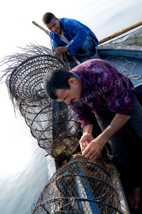 La charfia est une technique de pêche ancestrale pratiquée à Djerba et dans l'archipel des Kerkennah. Des murs de palmes plantées dans le fond marin dessinent un piège en forme de labyrinthe : à marée descendante, les poissons sont entraînés vers des chambres de capture où ils restent prisonniers, vivants, jusqu'à la levée des filets. Ce savoir-faire, transmis de génération en génération, associe la pêche à des rituels collectifs et façonne le paysage lagunaire de l'île. Il a été inscrit en 2020 au patrimoine culturel immatériel de l'humanité par l'Unesco.
