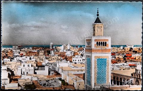 Vue Générale sur la medina de Tunis avec au premier plan minaret et cour de la Grande Mosquée - Carte postale ancienne Tunisie
