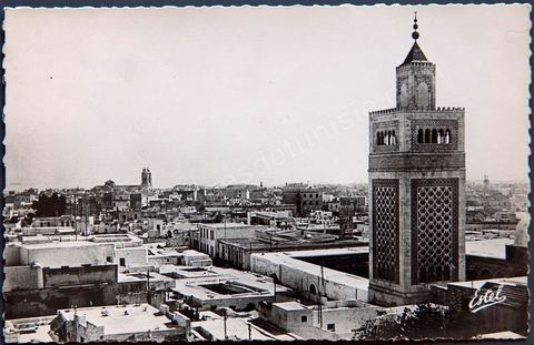 Vue Générale sur la medina de Tunis avec au premier plan minaret et cour de la Grande Mosquée - Carte postale ancienne Tunisie