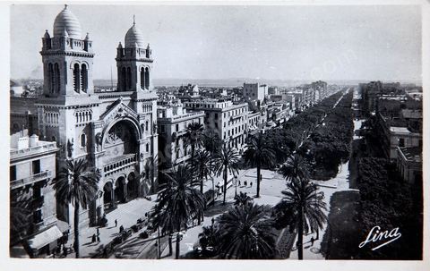 Cathédrale de Tunis et avenue Jules Ferry - Carte postale ancienne Tunisie