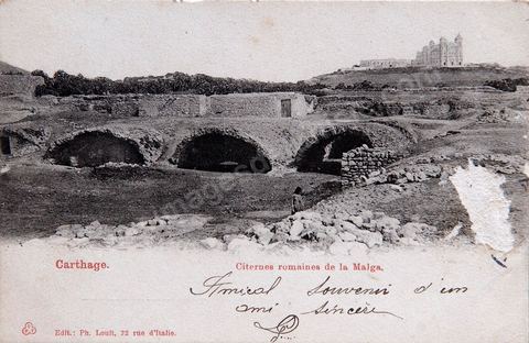 Les citernes romaines de la Malga et la cathédrale de Carthage - 1907 - Carte postale ancienne Tunisie