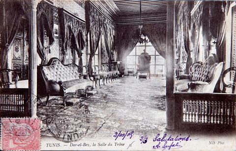 La salle du Trône du Palais du Bardo à Tunis - datée de 1905 - Carte postale ancienne Tunisie
