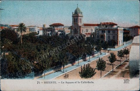 Le square et la cathédrale de Bizerte 1940 - Carte postale ancienne Tunisie
