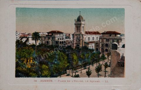 Place de l'église et le square Bizerte - Carte postale ancienne Tunisie