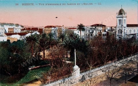 le jardin et l'église de Bizerte 1928 - Carte postale ancienne Tunisie