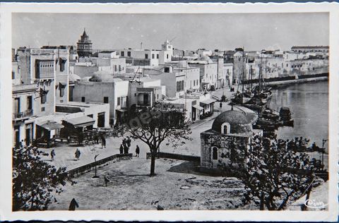 Place de France et vieux port et au fond la medina de Bizerte 1947 - Carte postale ancienne Tunisie