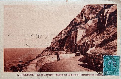 Sur la corniche, balcon sur la mer de 7 km de lonhueur - Station thermale de Korbous - datée de 1927 - Carte postale ancienne Tunisie