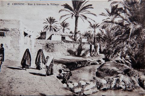 Rue à travers le village de Chenini le long d'un cours d'eau au couer de l'oasis - Carte postale ancienne Tunisie