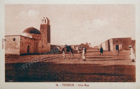 une rue avec mosquée et dromadaire à Tozeur - Carte postale ancienne Tunisie