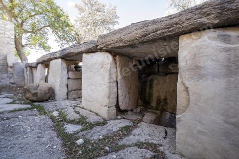 Tombes megalithiques sur le site archéologique de Makthar, vestige de l'antique Mactaris, au centre-ouest de la Tunisie, est situé à Makthar, ville sur la bordure nord de la dorsale tunisienne.Le site est l'un des plus étendus du pays, et une grande partie n'a pas encore fait l'objet de recherches archéologiques. Outre les nombreux vestiges qu'il abrite au sein d'un parc archéologique comme le forum, les thermes, la schola des Juvenes, ... un petit musée présente diverses pièces archéologiques trouvées sur le site.