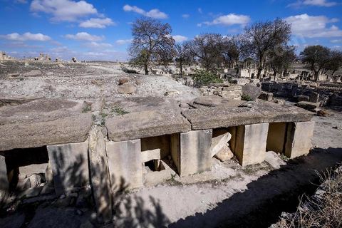 Tombes megalithiques sur le site archéologique de Makthar, vestige de l'antique Mactaris, au centre-ouest de la Tunisie, est situé à Makthar, ville sur la bordure nord de la dorsale tunisienne.Le site est l'un des plus étendus du pays, et une grande partie n'a pas encore fait l'objet de recherches archéologiques. Outre les nombreux vestiges qu'il abrite au sein d'un parc archéologique comme le forum, les thermes, la schola des Juvenes, ... un petit musée présente diverses pièces archéologiques trouvées sur le site.