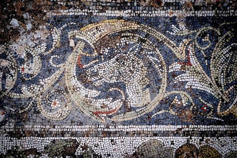 Détails de mosaïques représentant des scènes de chasse dasn la  Maison de la Chasse dans le quartier d'habitations sur le site archéologique romain de Bulla Régia, dans le nord ouest de la Tunisie.