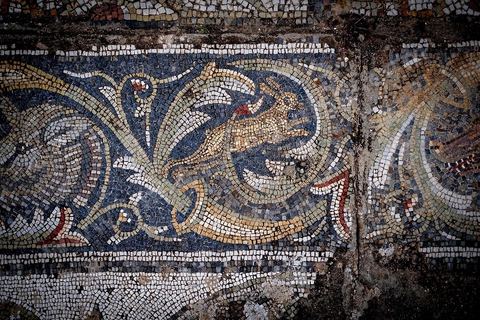 Détails de mosaïques représentant des scènes de chasse dasn la  Maison de la Chasse dans le quartier d'habitations sur le site archéologique romain de Bulla Régia, dans le nord ouest de la Tunisie.