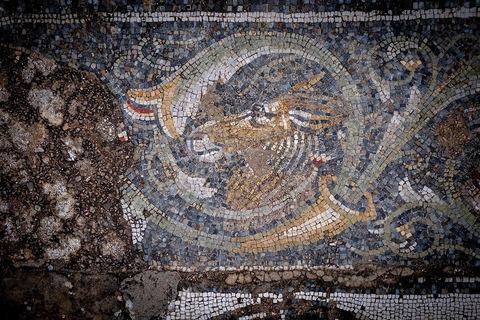 Détails de mosaïques représentant des scènes de chasse dasn la  Maison de la Chasse dans le quartier d'habitations sur le site archéologique romain de Bulla Régia, dans le nord ouest de la Tunisie.