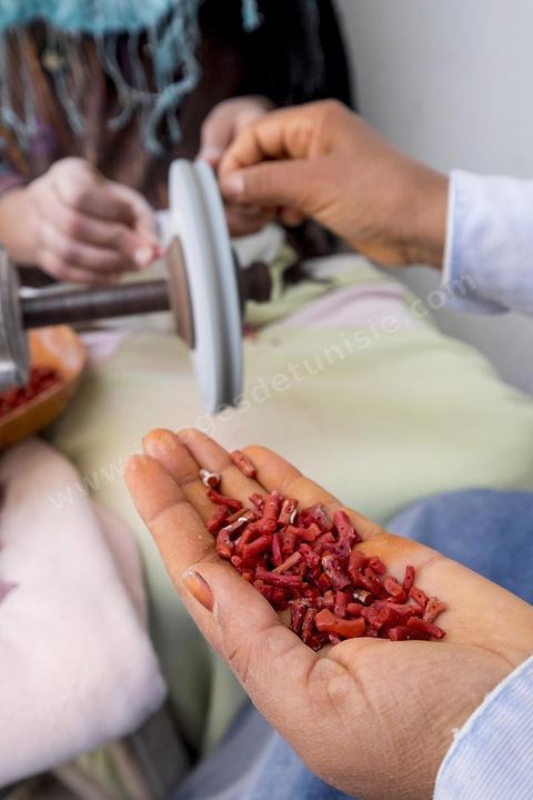 les ouvrières taillent et polissent le corail dans l'atelier de Mokthar, installé dans la cour de sa maison à Tabarka