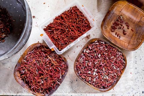 les ouvrières taillent et polissent le corail dans l'atelier de Mokthar, installé dans la cour de sa maison à Tabarka