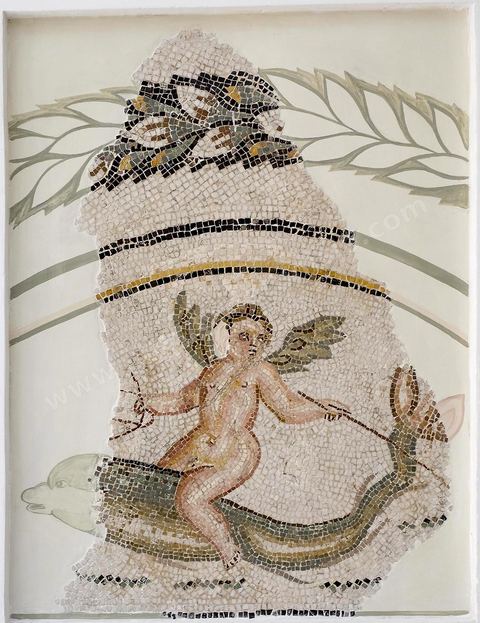 Mosaique d'un Amour chevauchant un dauphin Fin du III eme siècle ap J.-C - musée archéologique de Sousse dans la Kasbah située en haut de la medina de Sousse