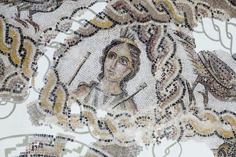 Mosaique, composition en cercle orné d'une sinusoïde avec un médaillon  central avec Apollon, dieu de la musique et de la poésie, appuyé sur sa lyre et Erato, muse de la poésie érotique. Sont également représentées huit muses en buste, des oiseaux et plantes. Seconde moitié du IIIème siècle - musée archéologique de Sousse dans la Kasbah située en haut de la medina de Sousse