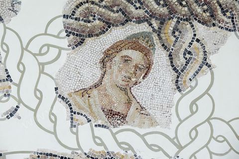 Mosaique, composition en cercle orné d'une sinusoïde avec un médaillon  central avec Apollon, dieu de la musique et de la poésie, appuyé sur sa lyre et Erato, muse de la poésie érotique. Sont également représentées huit muses en buste, des oiseaux et plantes. Seconde moitié du IIIème siècle - musée archéologique de Sousse dans la Kasbah située en haut de la medina de Sousse