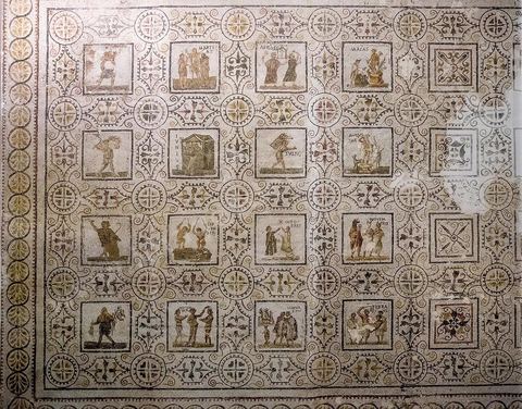 Mosaique des saisons et des mois, un calendrier illustré, El Djem, 186 x 273 cm - musée archéologique de Sousse dans la Kasbah située en haut de la medina de Sousse