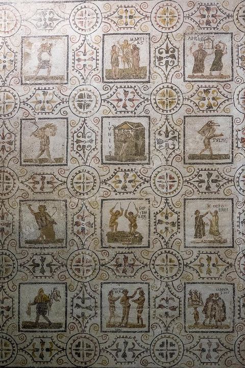 Mosaique des saisons et des mois, un calendrier illustré, El Djem, 186 x 273 cm - musée archéologique de Sousse dans la Kasbah située en haut de la medina de Sousse