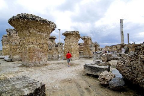 Les thermes d’Antonin de Carthage sont le plus vaste ensemble thermal romain construit sur le sol africain. Des installations d’origine ne subsistent plus que quelques vestiges du rez-de-chaussée, constitué des espaces de service, situés à proximité du rivage de Carthage. En effet, le site a servi de carrière de pierres pendant des siècles afin d’édifier de nombreux monuments, tant à Tunis que dans de nombreuses villes du nord du bassin méditerranéen comme Pise, sa proximité du rivage ayant aggravé la prédation. Les vestiges s’étendent sur une longueur supérieure à 200 mètres, le long du rivage. L’anastylose d’une colonne du frigidarium par une mission archéologique tunisienne en 1985, dans le contexte de la campagne internationale menée par l’Unesco (1972-1992) permet de se faire une idée de la magnificence des lieux à l’apogée de la cité romaine ; les voûtes disparues s’élevaient à une hauteur supérieure à 29 mètres, soit approximativement un immeuble d’une hauteur de huit étages.