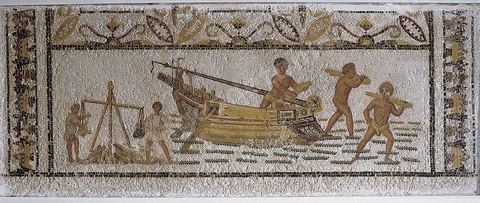 dechargement d'un navire, III ap JC, Sousse, musee du Bardo